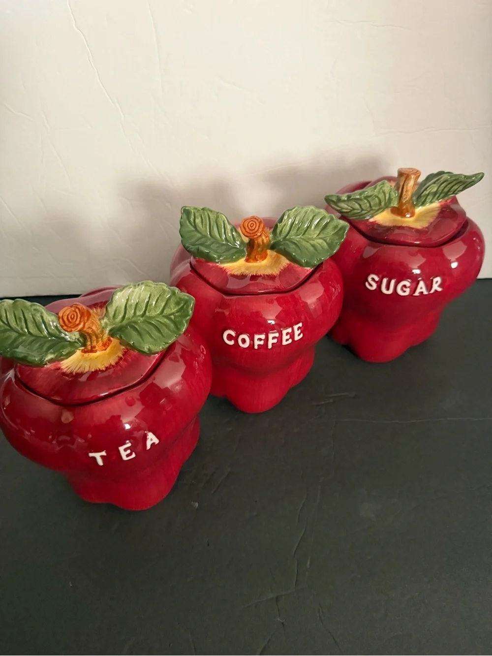 Red Apple Ceramic Tea Coffee Sugar Canister Set - Home Kitchen